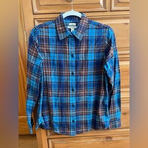 Women’s L.L. Bean Relaxed Fit Blue and Brown Button-Down Flannel Plaid Shirt